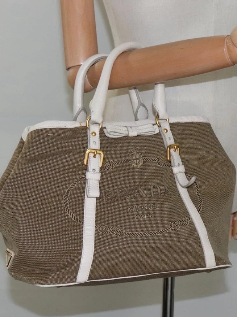 Prada Hand Bag Canvas Leather Beige White Gold